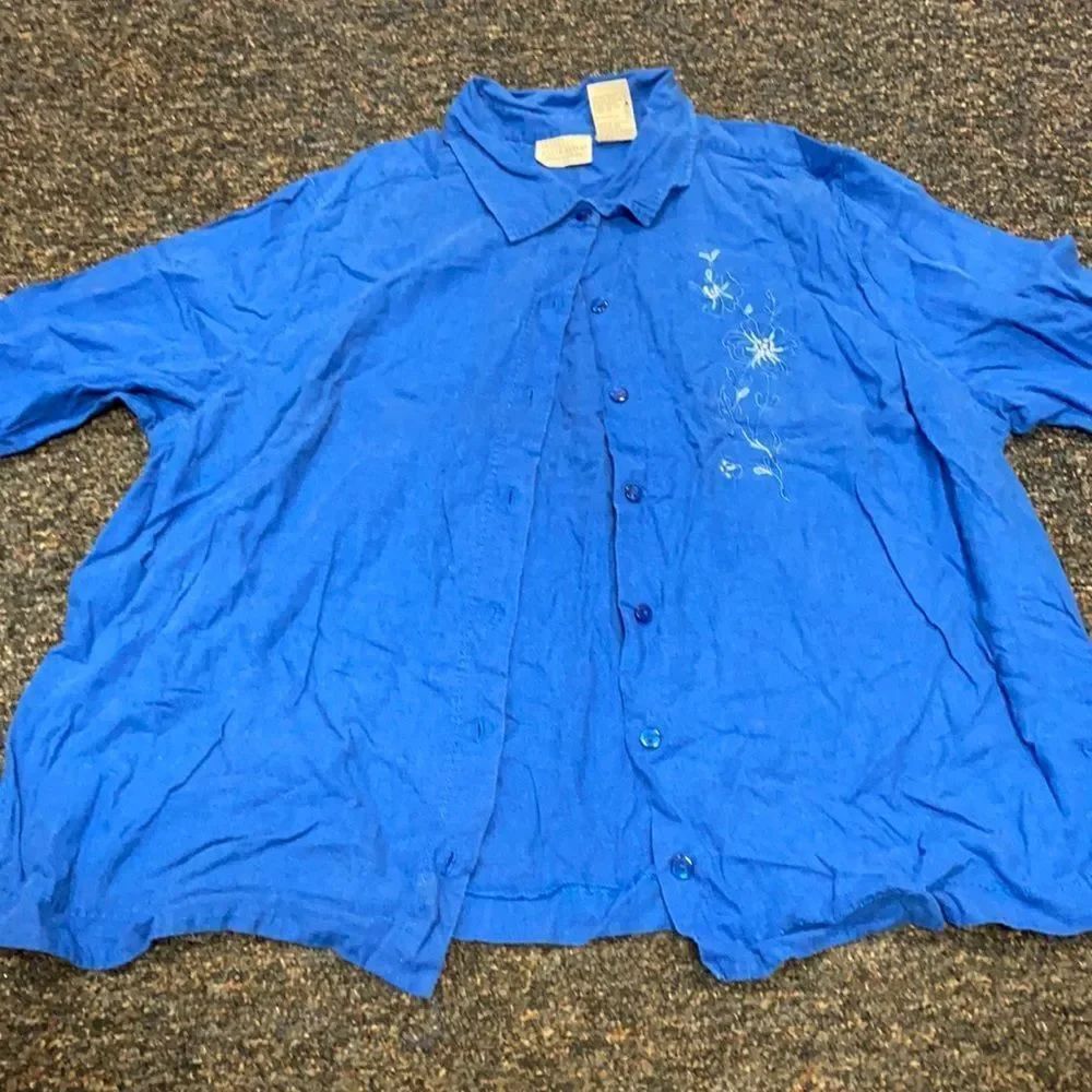 White Stag Embroidered Blue Button Down Top 22W